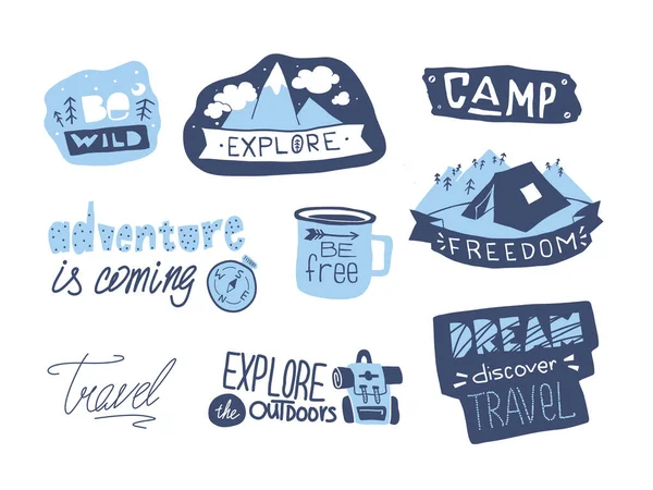 Wild adventure sticker. Flat hiking emblem. Mountains lettering sign. Explore and adventure vector set. Vector illustration