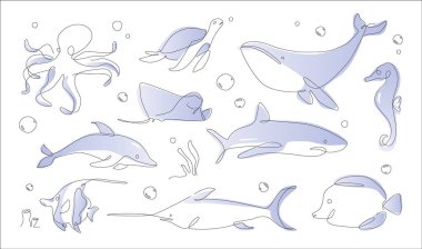 Su altı hayvanları. Çizgili sanat okyanusu ve deniz yaşamı koleksiyonu. Bir sıra deniz hayatı. Vektör illüstrasyonu