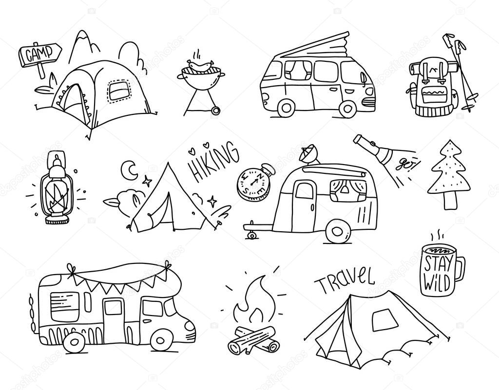 Hand drawn hiking illustration. Camping outdoor doodle set. Wild adventure equipment. Navigation and camp cartoon simple vector collection. Vector illustration