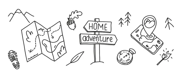 Adventure Navigation Vector Outdoor Navi Equipment Doodle Set Camping Maps — Διανυσματικό Αρχείο