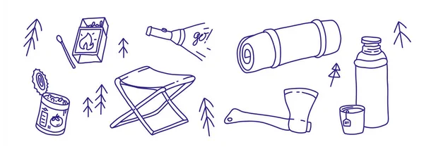 Outdoor Equipment Doodle Set Camping Tools Hand Drawn Survival Kit — 스톡 벡터