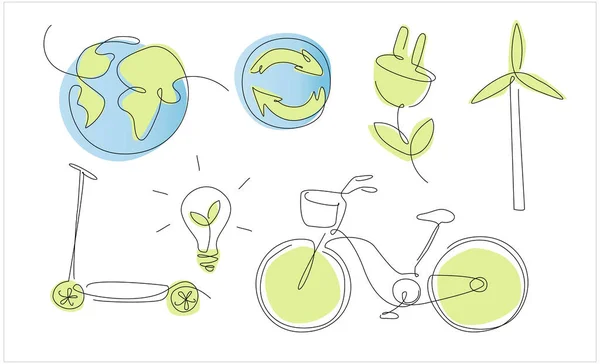 Eén Lijn Duurzaamheidselementen Schets Hernieuwbare Energie Groen Leven Groene Planeet — Stockvector