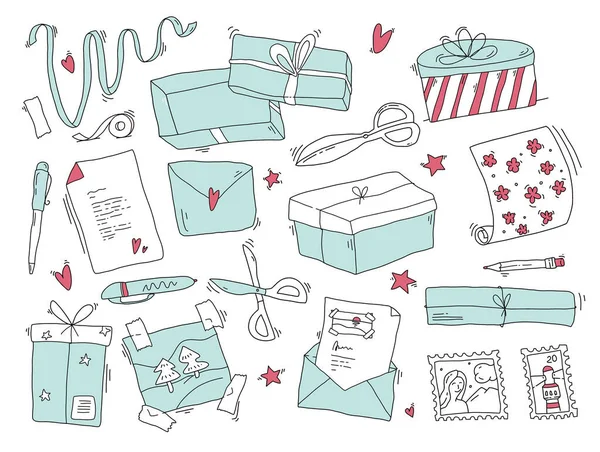 Envelopes Gift Boxes Cards Scissors Twine Tags Pens Post Vector — Stockvektor