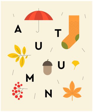 Autumn poster with text and seasonal elements. Fall season postcard with socks. leaves and decorative background