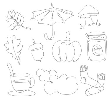 Autumn elements line art. season fall one line set. Autumn leaves, cozy socks. tea and jam in linear style. Acorn and other wether vector icons.