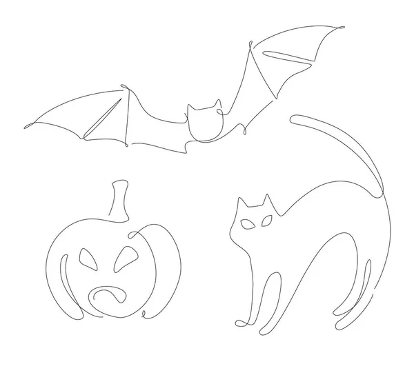 Pumpkin Bat Single Line Halloween Symbols Line Art Linear Scary — Stockvektor