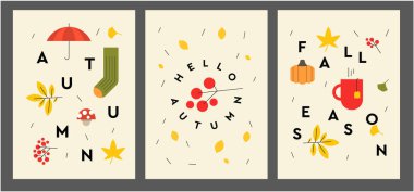 Metin ve mevsimlik elementlerle dolu bir sonbahar kartpostalı. Çoraplı sonbahar posteri. Yapraklar ve dekoratif arka plan. Merhaba sonbahar koleksiyonu..