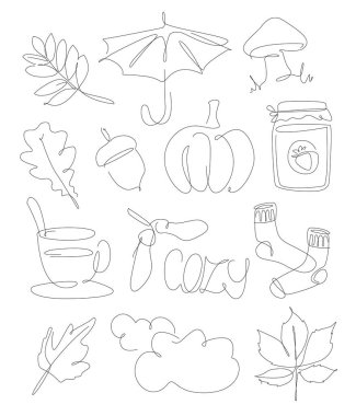 Autumn elements line art. season fall one line set. Autumn leaves, cozy socks. tea and jam in linear style. Acorn and other wether vector icons.
