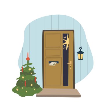 X-Mas dekore edilmiş ev kapısı. Noel ağacı parti için Çelenk ve Deco ile birlikte evin kapısında. Yeni yıl için kartpostal, davetiye ya da numaracı ve Mutlu Noeller