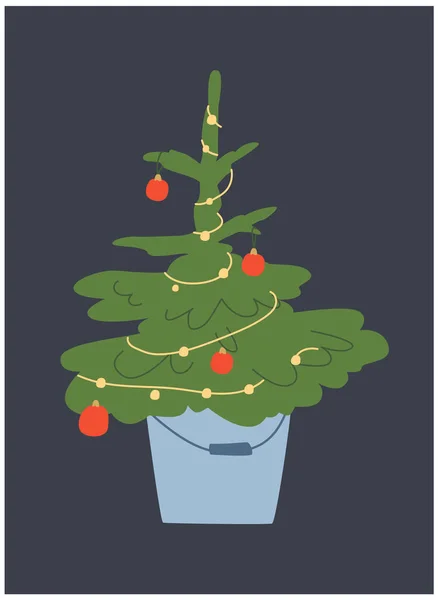 Ein Kleiner Weihnachtsbaum Eimer Mit Deko Spielzeug Und Weihnachtsbeleuchtung Flaches — Stockvektor
