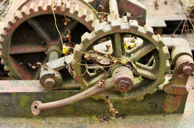 Eski bir lokomotifin paslı tekerlekleri. Eski bir lokomotife ait tekerlekleri olan paslı bir dingil. Şasinin bir parçasını da görebilirsiniz..