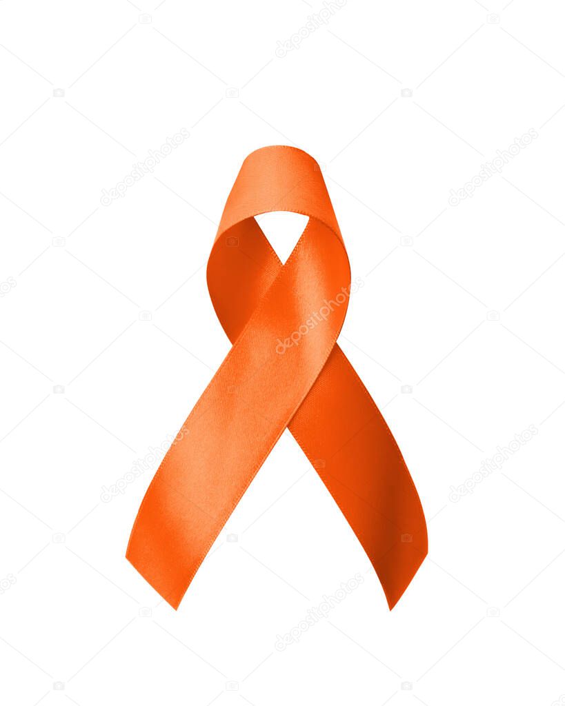 Orange ribbon isolated on white background (clipping path) awareness on leukemia, kidney cancer, multiple sclerosis, lupus, ADHD illness, self-injury and animal abuse