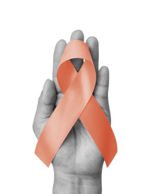 Uterin ve Jinekolojik Kanser Farkındalığı kurdelesi (kırpma yolu ile izole) beyaz arkaplanda şeftali yayı rengi ile