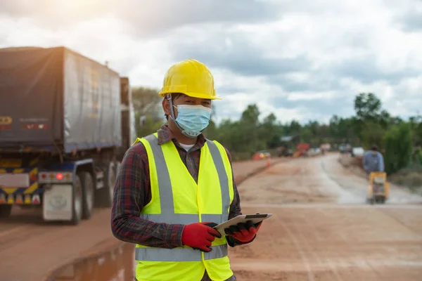 Foreman Worker Uniform Holding Tablet Working Road Construction — Photo