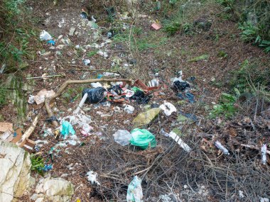 Doğada terk edilmiş farklı atık türleri, kirliliğin ve yenilmezliğin sembolü.