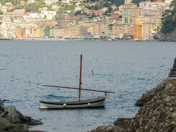 Gozzo Bateau Pêche Italien Riviera Armé Voile Lateen Ancré Dans — Photo