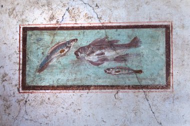 Pompeii 'deki eski freskler, MS 79' da Vesuvius Dağı 'nın patlaması ile yok edilen antik Roma şehri. UNESCO Dünya Mirası Alanı. Napoli, İtalya