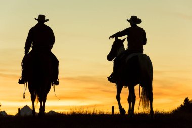 Kovboylar ve atlar şafakta çiftlikte siluette, İngiliz Kolombiyası, Kanada