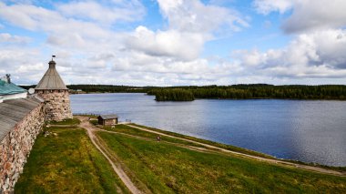 Russia. Solovki. Solovetsky Islands. View from the White Tower to the Holy Lake along the Monastery Wall