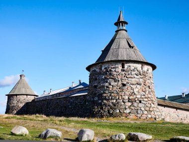 Russia. Solovki. Solovetsky Islands. Panorama of the Monastery - Korozhnaya and Nikolskaya towers on the North side
