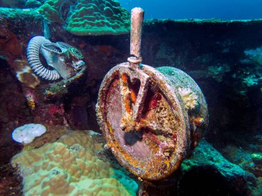 The Engine Order Telegraph on the bow of the wreck of the Fujikawa Maru in Truk Lagoon clipart