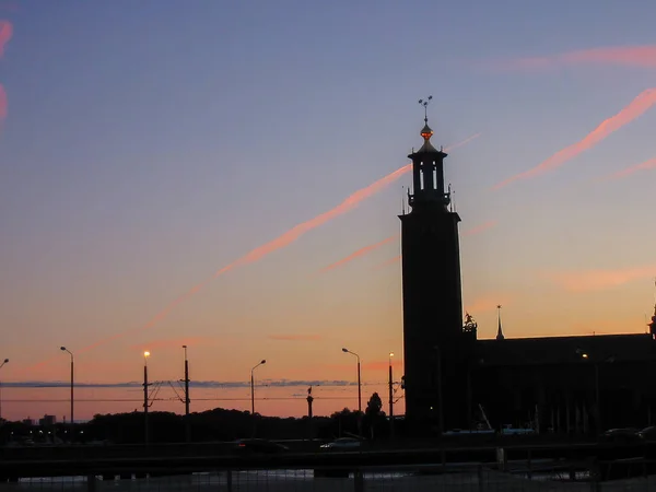 Silhouette Town Hall Sunset Stockholm Sweden — ストック写真