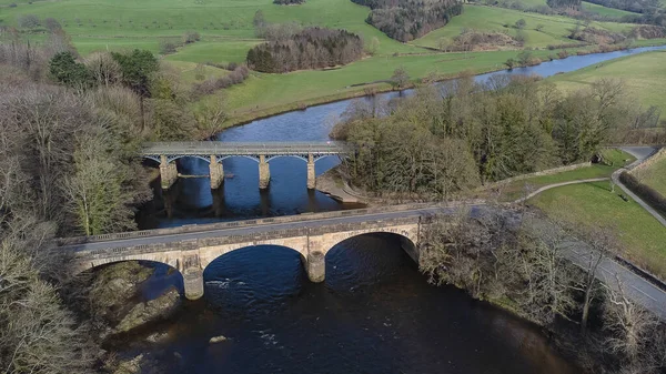 Flygfoto Över Broarna Vid Crook Lune Nära Lancaster Lancashire Storbritannien — Stockfoto