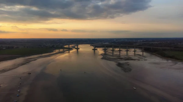 Vue Sur Rivière Orwell Depuis Drone Coucher Soleil Dans Suffolk — Photo