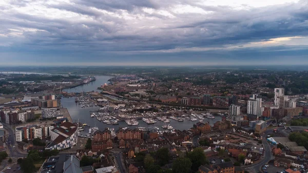 An aerial photo of the Wet Dock in Ipswich, Suffolk, UK