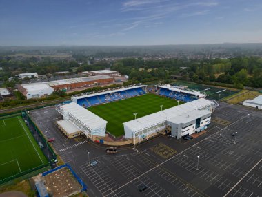 An aerial view of the Montgomery Waters Meadow, home of Shrewsbury Town FC in Shropshire, UK