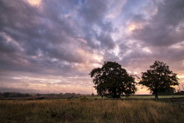Suffolk, İngiltere 'nin kırsal kesiminde sabahın erken saatlerinde dramatik bir gökyüzü.