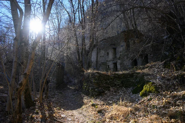 古代山地居民使用的旧房子建在森林里 现在荒废了 随着时间的流逝 — 图库照片