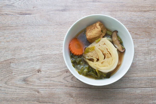 Boiled Cabbage Carrot Tofu Topping Slice Mushroom Vegetarian Soup Bowl — Stock Photo, Image