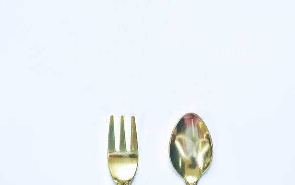 Golden Spoon Fork White Background — Stock Photo, Image