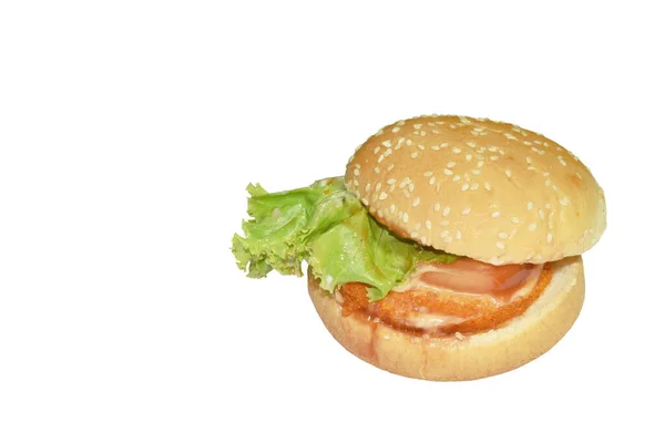 Kaše Krevety Hamburger Kečupem Omáčkou Salátem Bílém Pozadí — Stock fotografie