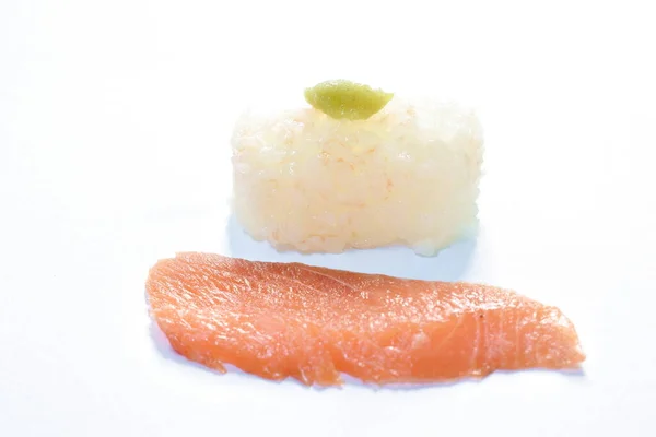 Salmon Sushi Japanese Food Wasabi Dipping Soy Sauce White Background — Stock Photo, Image