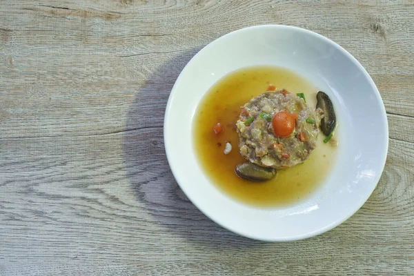 Steamed Chop Pork Topping Salty Egg Yolk Mushroom Gravy Sauce — Stock Photo, Image