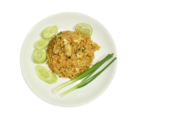 Spicy Fried Rice Clam Chili Sauce Slice Cucumber Couple Lemon — Stok Foto