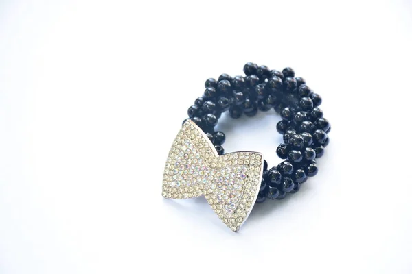 Bande Cheveux Perles Noires Décoration Noeud Papillon Diamant Sur Fond — Photo