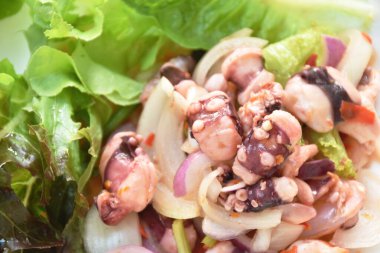  Tayland baharatlı kalamar salatası ve taze sebze.