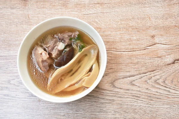 Boiled Slice Chinese Bamboo Shoot Pork Bone Mushroom Soup Bowl — 图库照片