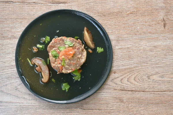 Steamed Chop Pork Topping Salty Egg Yolk Mushroom Gravy Sauce — Stock Photo, Image