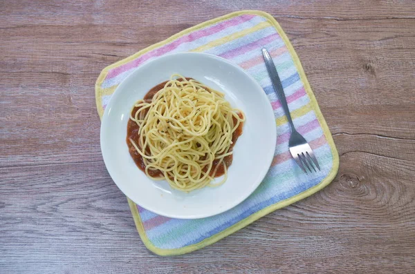 Spaghetti Dressing Fried Chop Pork Slice Tomato Ketchup Sauce Plate — Stock Photo, Image