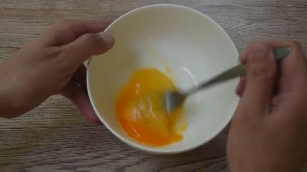 Hand Beating Egg Fork Bowl Table — Vídeos de Stock