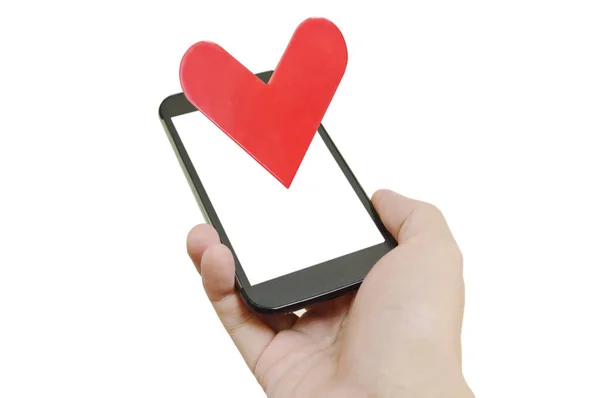 Mobile Phone Holding Man Hand Sending Red Heart Lover White — Stock Photo, Image