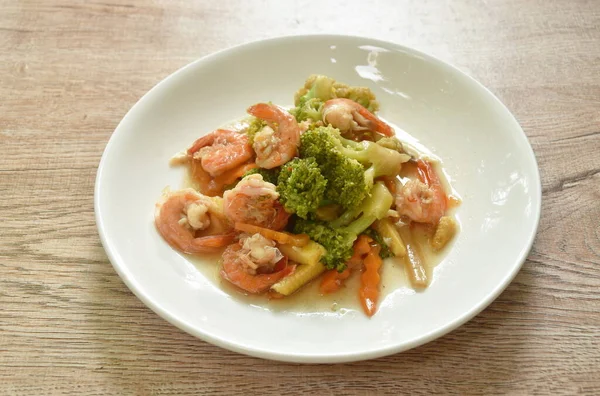 Stir Fried Slice Broccoli Carrot Shrimp Plate — Stock Photo, Image