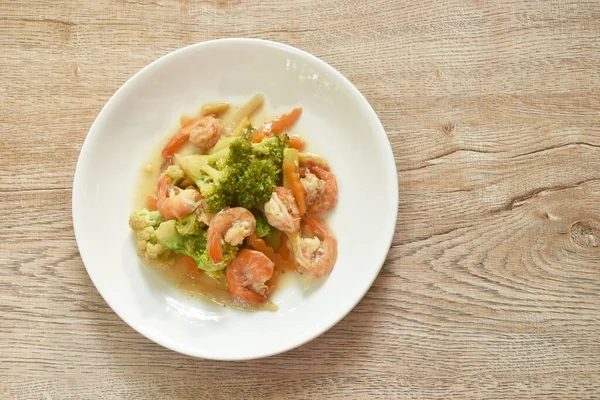 Stir Fried Slice Broccoli Carrot Shrimp Plate — Stock Photo, Image