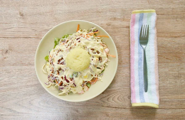 Mashed Potato Topping Mayonnaise Cream Mixed Vegetable Salad Plate — Φωτογραφία Αρχείου