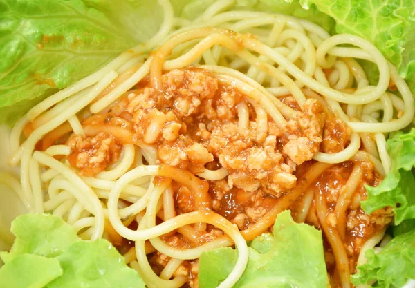 Spaghetti Dressing Fried Chop Pork Slice Tomato Ketchup Sauce Vegetableon — Fotografia de Stock