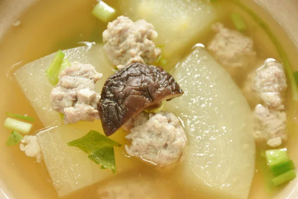 Boiled Winter Melon Chop Pork Mushroom Soup Bowl — Stock Photo, Image